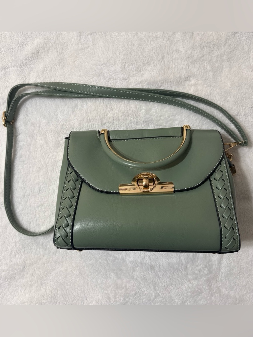 Structured Sage Green Top-Handle Satchel with Gold Accent